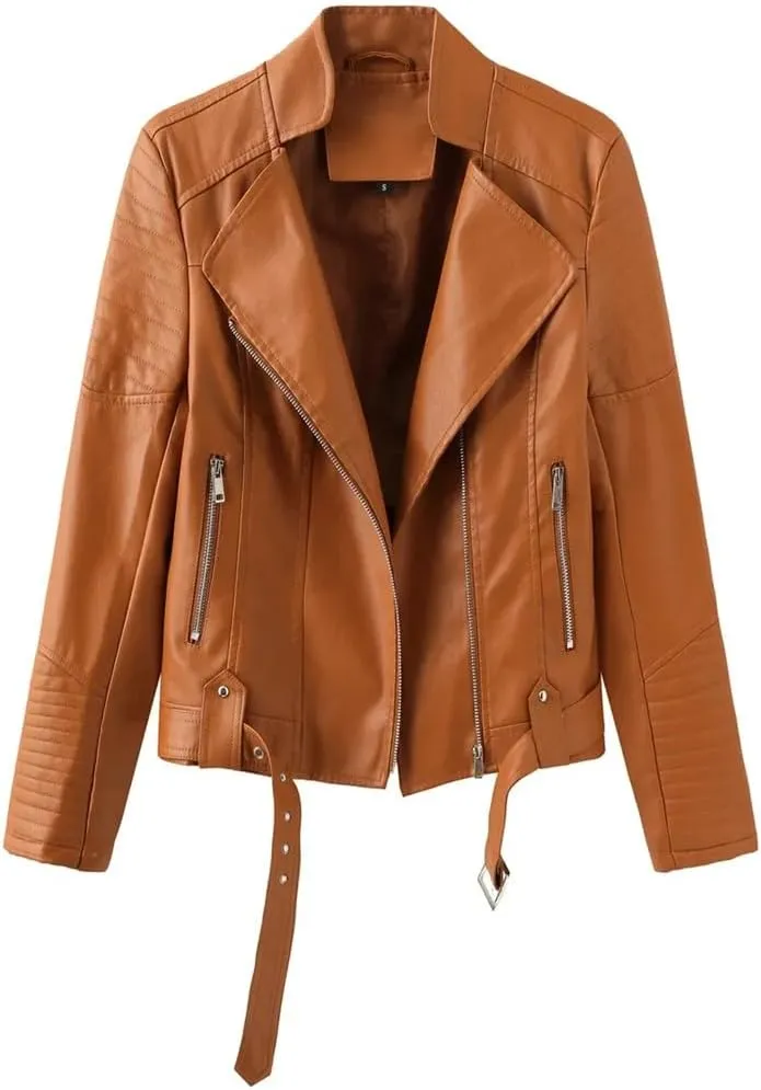 Women's Moto Biker Zipper Jacket Winter Faux Leather Jacket Short Outerwear Women's Top