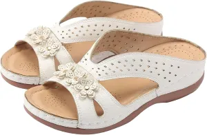 Women's Orthotic Slide Sandals with Arch Support Vintage Hollow Summer Slippers Casual Outdoor Round Toe Shoes Fashion Flat Sandal Floral Cute