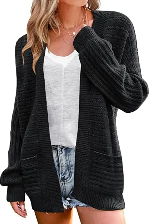 Women's Oversized Cable Knit Cardigan Puff Long Sleeve Chunky Open Front Sweater Outwear with Pockets