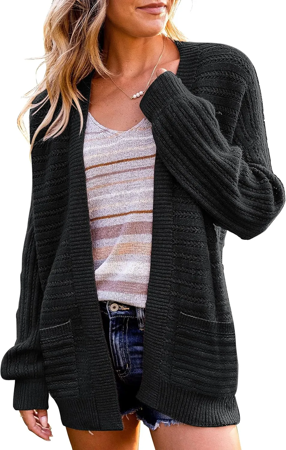 Women's Oversized Cable Knit Cardigan Puff Long Sleeve Chunky Open Front Sweater Outwear with Pockets
