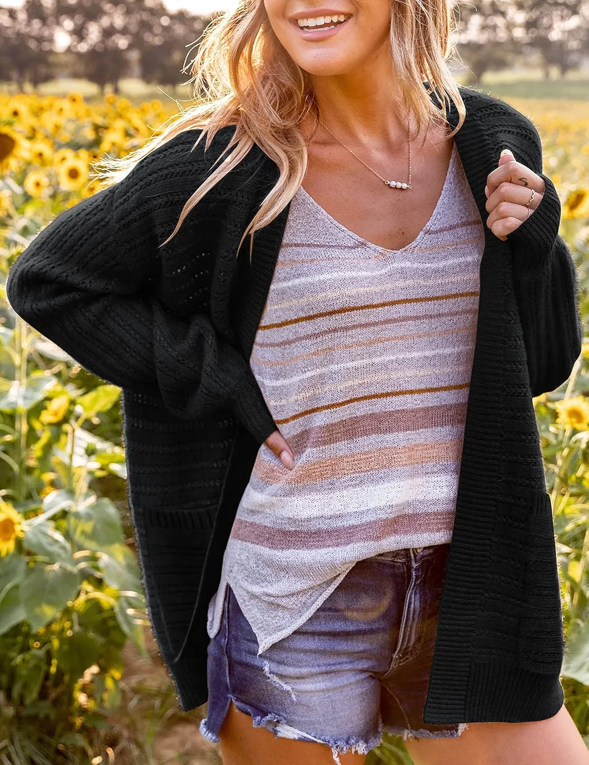 Women's Oversized Cable Knit Cardigan Puff Long Sleeve Chunky Open Front Sweater Outwear with Pockets