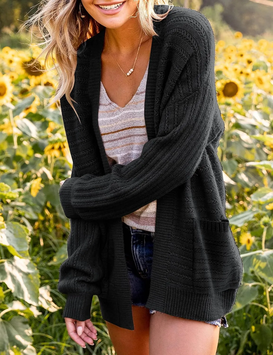 Women's Oversized Cable Knit Cardigan Puff Long Sleeve Chunky Open Front Sweater Outwear with Pockets