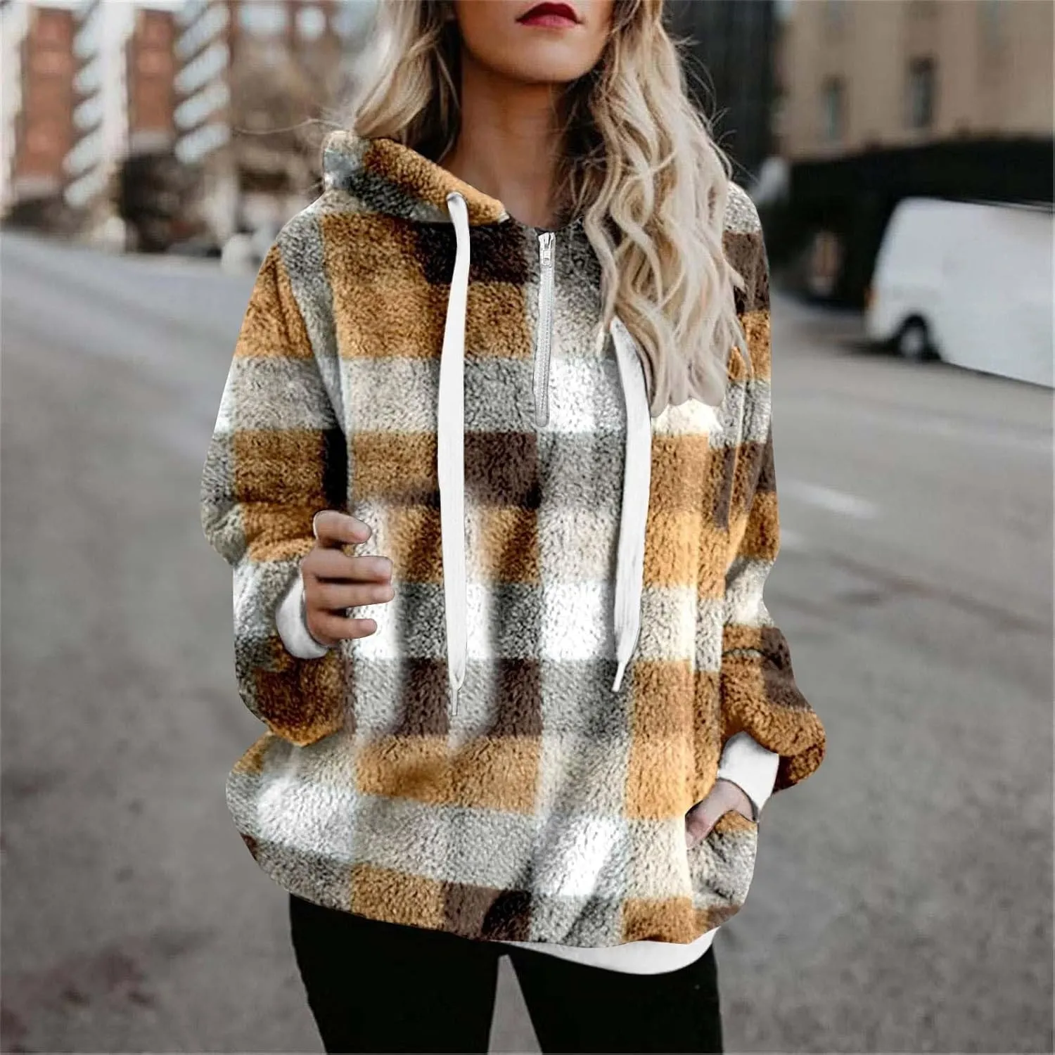 Womens Oversized Sherpa Pullover Hoodie With Pockets Casual Ethnic Fuzzy Fleece Sweatshirt Aztec Ethnic Fluffy Coat