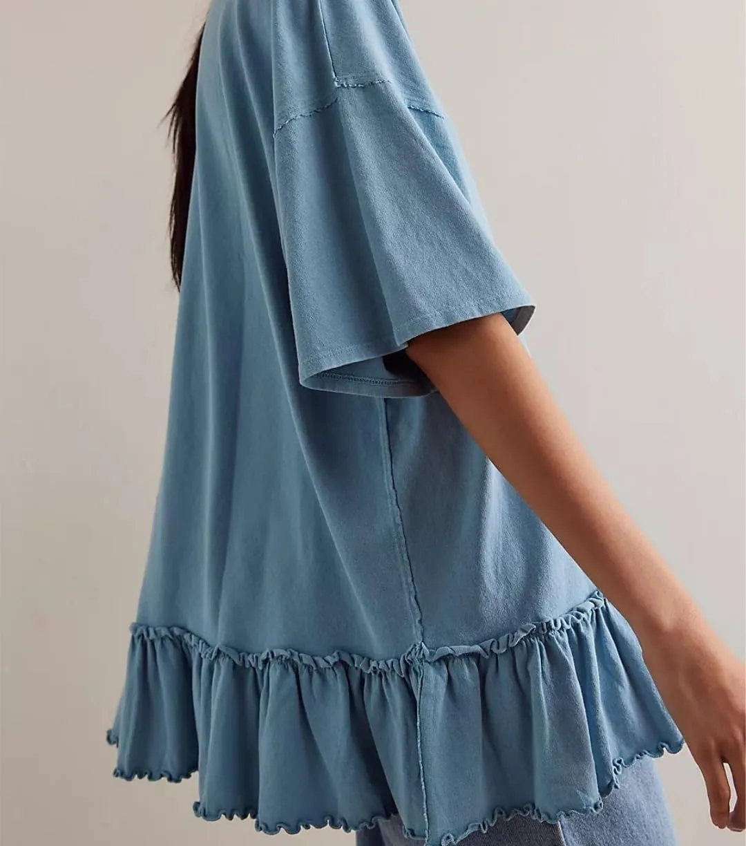 Womens Oversized Tee Shirt Casual Short Sleeve Ruffle Hem Shirts Loose Crew Neck Summer Tops