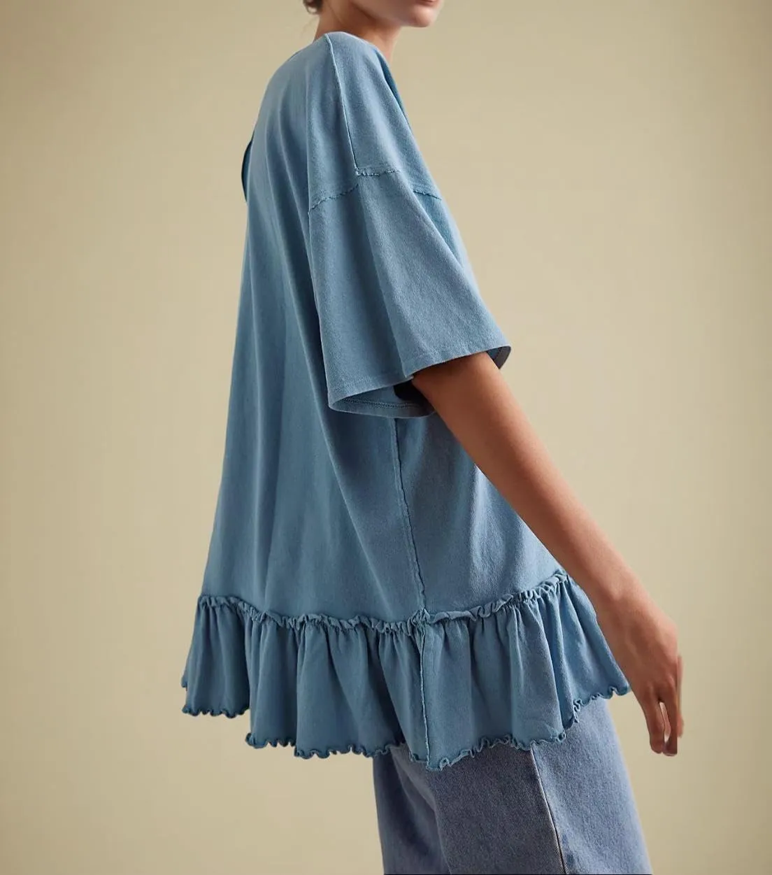 Womens Oversized Tee Shirt Casual Short Sleeve Ruffle Hem Shirts Loose Crew Neck Summer Tops