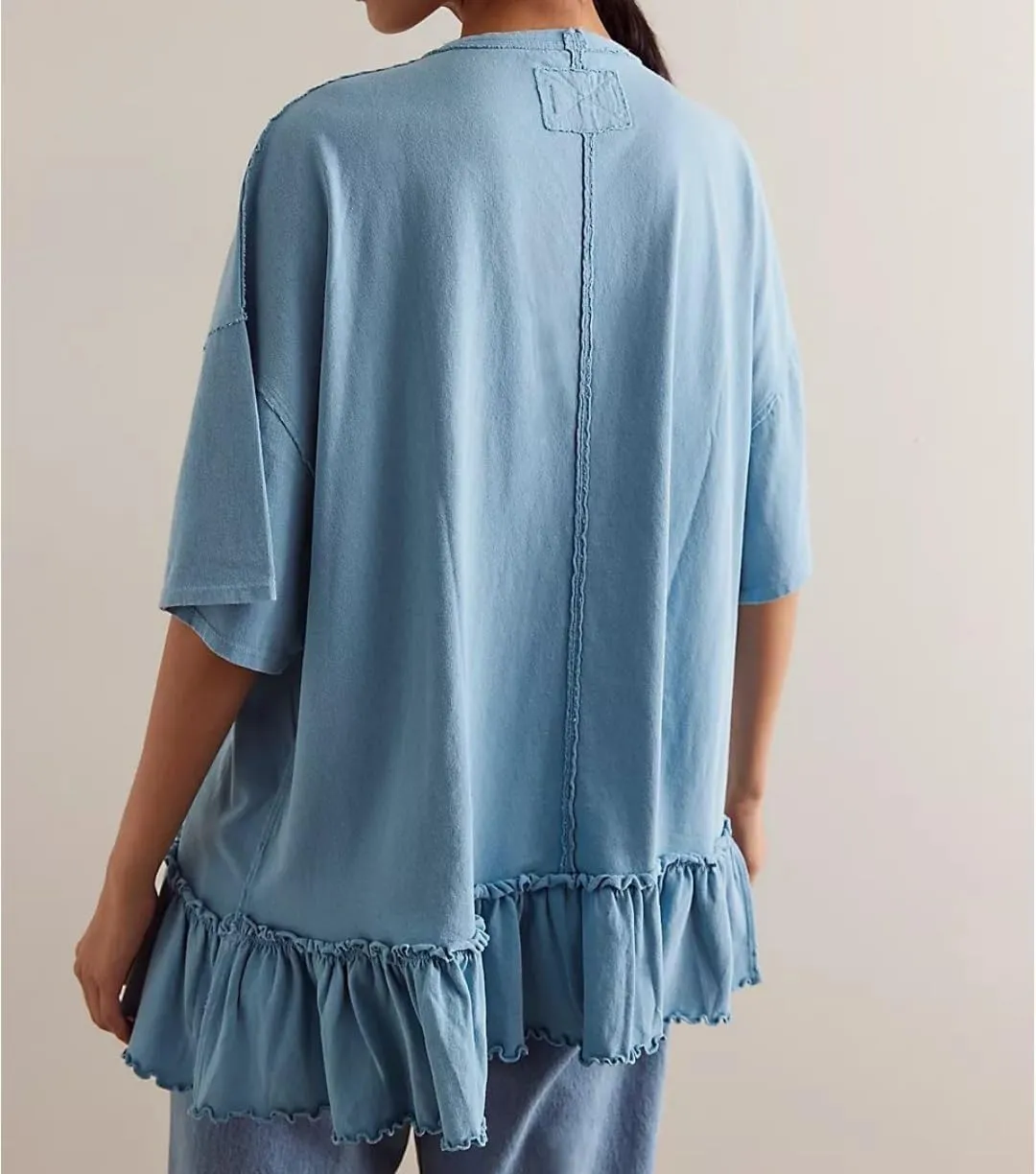 Womens Oversized Tee Shirt Casual Short Sleeve Ruffle Hem Shirts Loose Crew Neck Summer Tops
