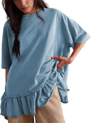 Womens Oversized Tee Shirt Casual Short Sleeve Ruffle Hem Shirts Loose Crew Neck Summer Tops