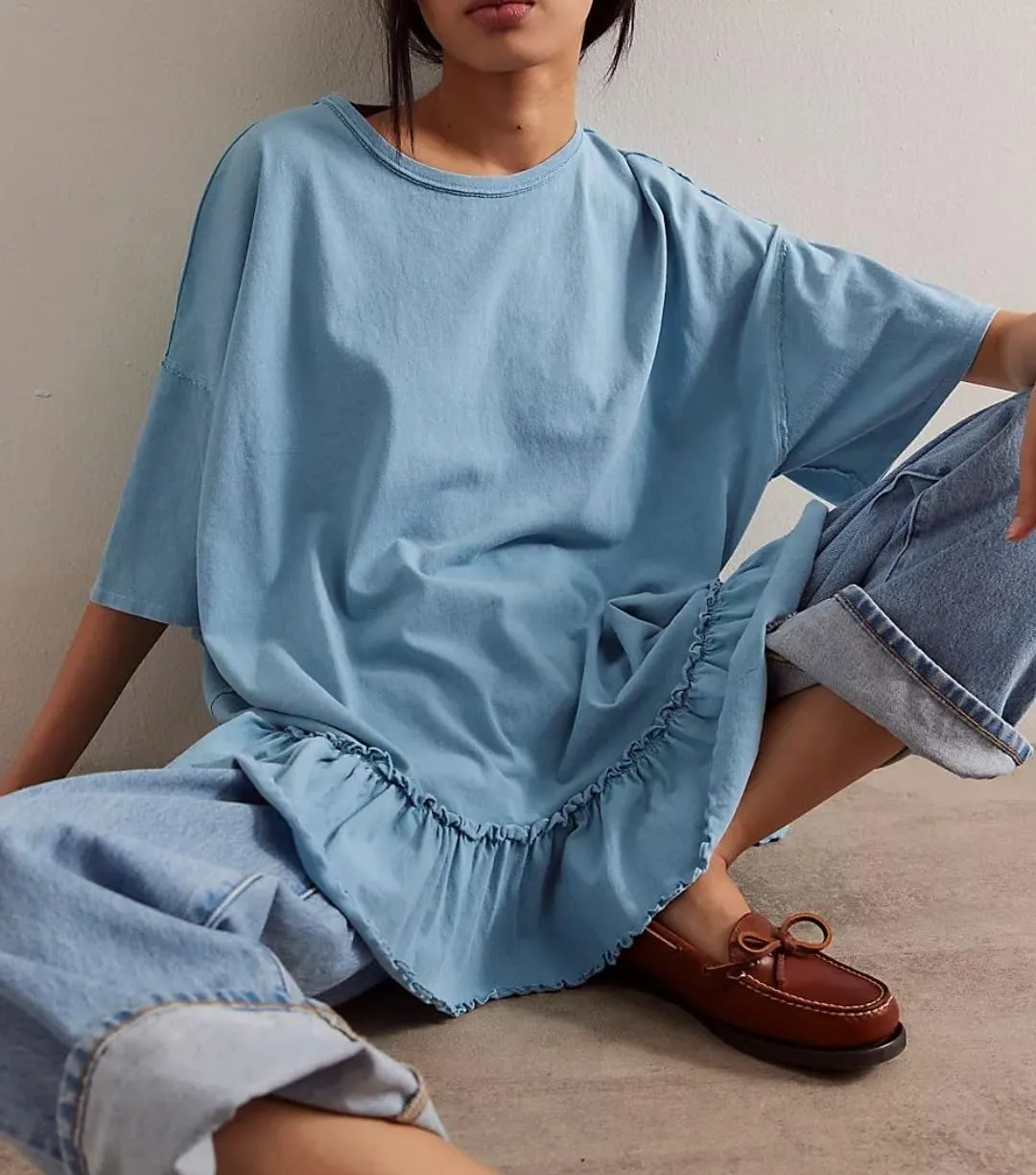 Womens Oversized Tee Shirt Casual Short Sleeve Ruffle Hem Shirts Loose Crew Neck Summer Tops