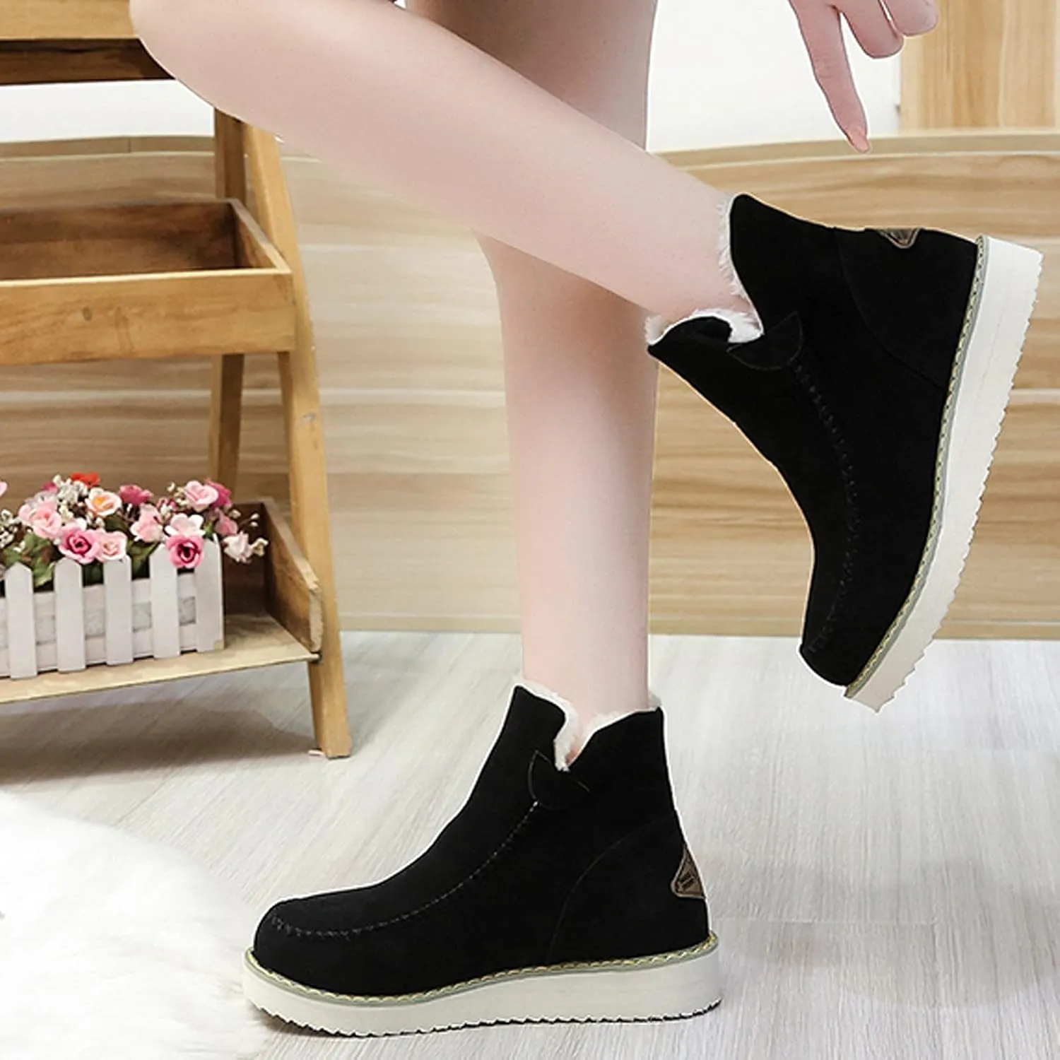 Women's Platform Snow Boots Fashion Pointed Toe Plus Velvet Keep Warm Ankle Boots Comfortable Soft Ladies Outdoor Mid-Heel Cotton Boots Shoes