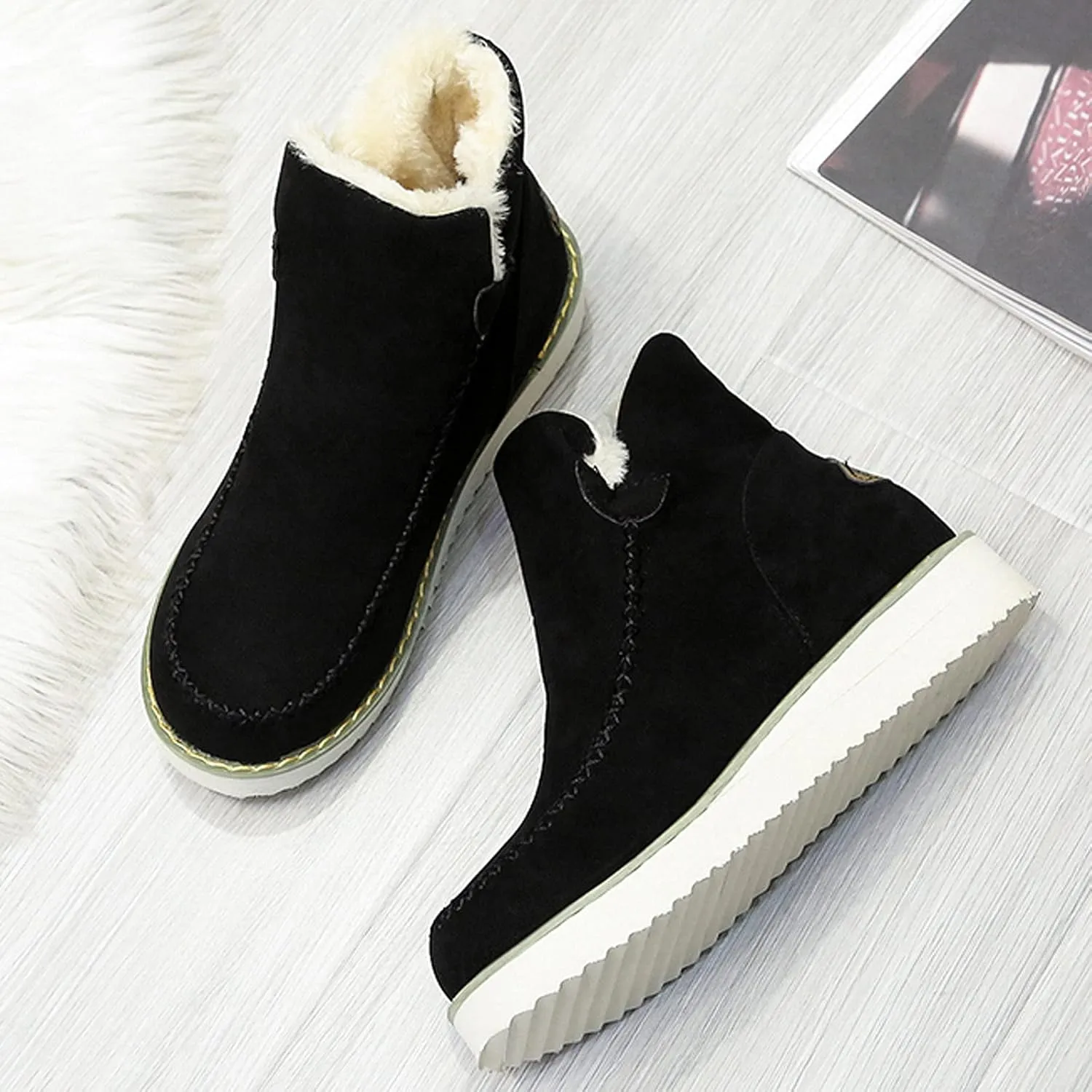 Women's Platform Snow Boots Fashion Pointed Toe Plus Velvet Keep Warm Ankle Boots Comfortable Soft Ladies Outdoor Mid-Heel Cotton Boots Shoes