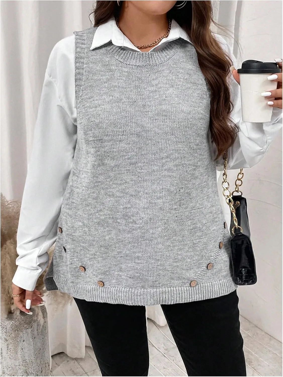 Women's Plus Size Bow Tie Sweater Vest Crew Neck Sleeveless Button Detail Sweater Vest Lace Up Cable Knit Tank Vest