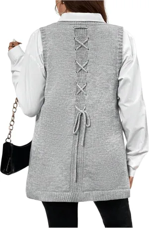 Women's Plus Size Bow Tie Sweater Vest Crew Neck Sleeveless Button Detail Sweater Vest Lace Up Cable Knit Tank Vest
