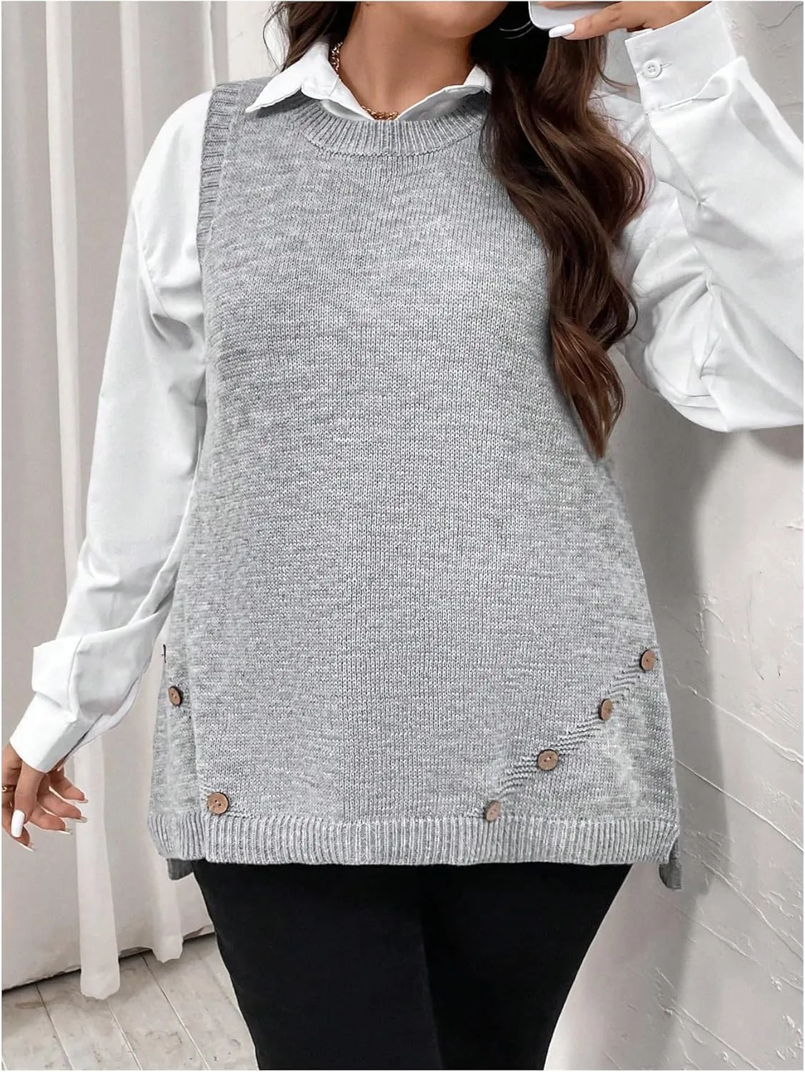 Women's Plus Size Bow Tie Sweater Vest Crew Neck Sleeveless Button Detail Sweater Vest Lace Up Cable Knit Tank Vest