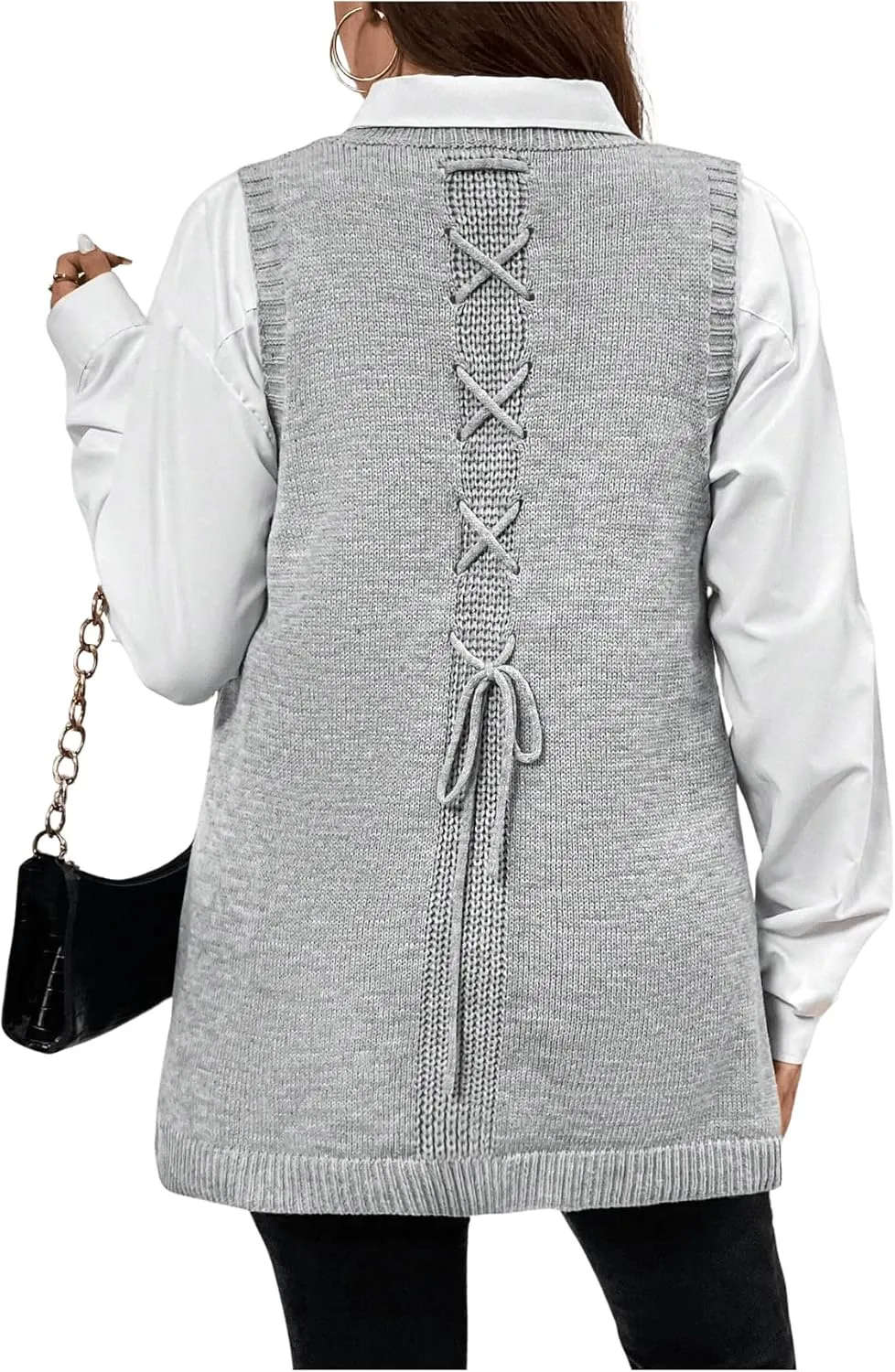 Women's Plus Size Bow Tie Sweater Vest Crew Neck Sleeveless Button Detail Sweater Vest Lace Up Cable Knit Tank Vest