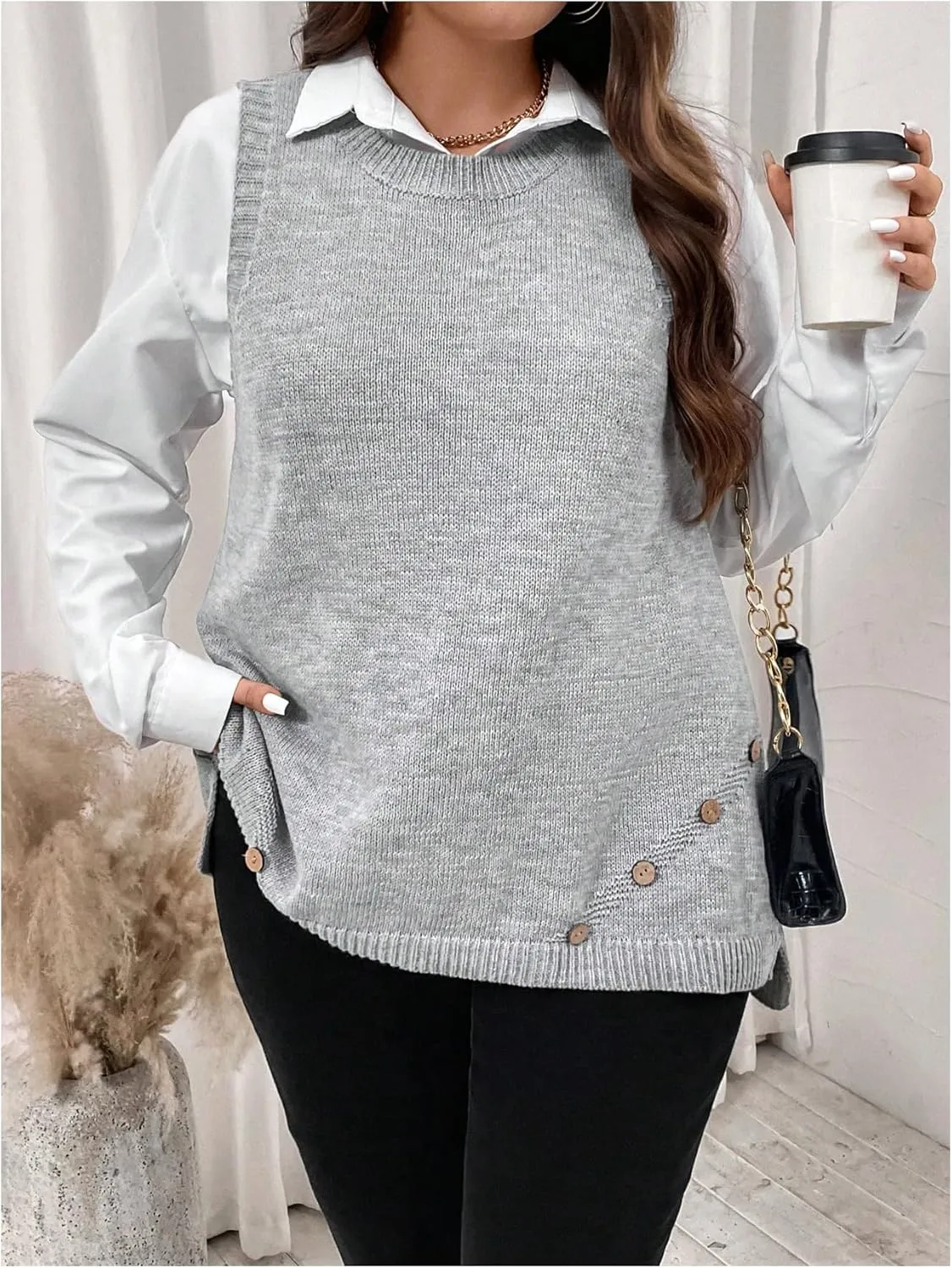 Women's Plus Size Bow Tie Sweater Vest Crew Neck Sleeveless Button Detail Sweater Vest Lace Up Cable Knit Tank Vest