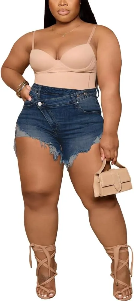 Women's Plus Size High Waisted Crossover Jean Shorts Ripped Raw Hem Summer Hot Denim Shorts