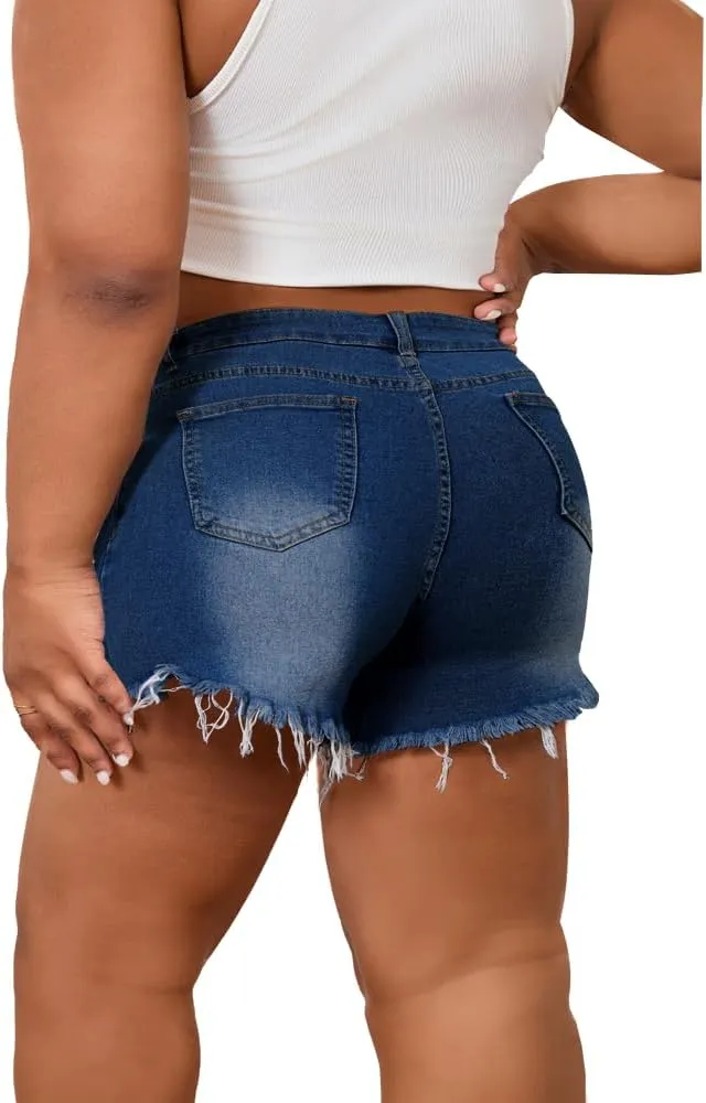 Women's Plus Size High Waisted Crossover Jean Shorts Ripped Raw Hem Summer Hot Denim Shorts