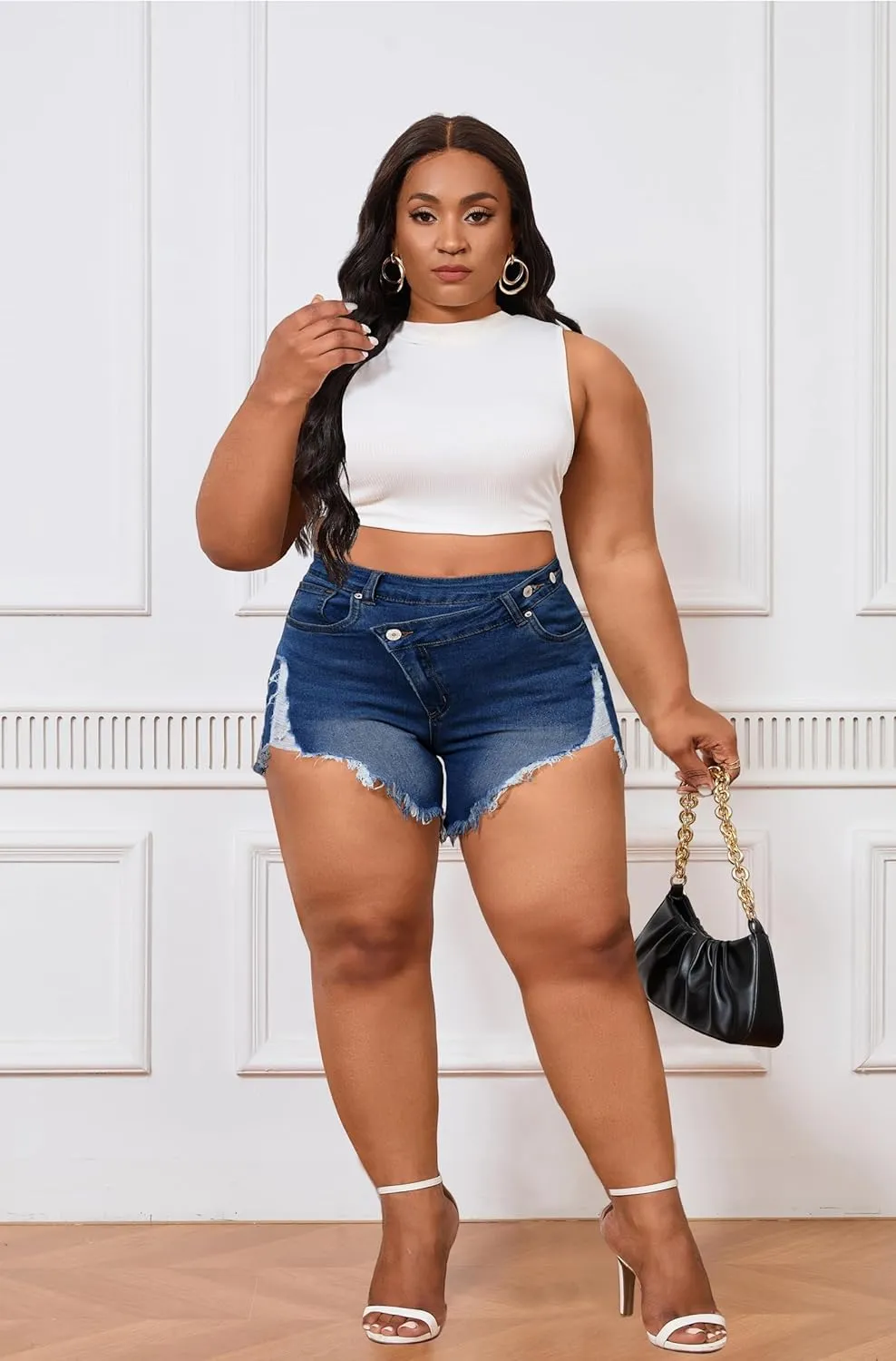 Women's Plus Size High Waisted Crossover Jean Shorts Ripped Raw Hem Summer Hot Denim Shorts