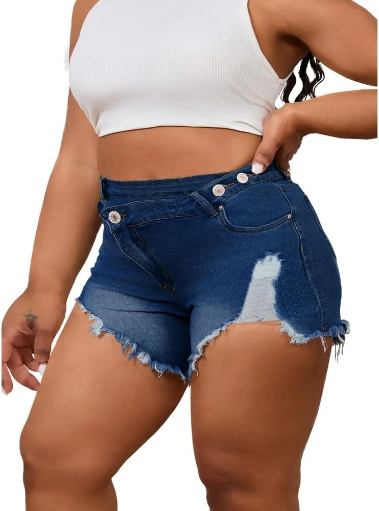 Women's Plus Size High Waisted Crossover Jean Shorts Ripped Raw Hem Summer Hot Denim Shorts