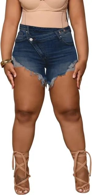 Women's Plus Size High Waisted Crossover Jean Shorts Ripped Raw Hem Summer Hot Denim Shorts