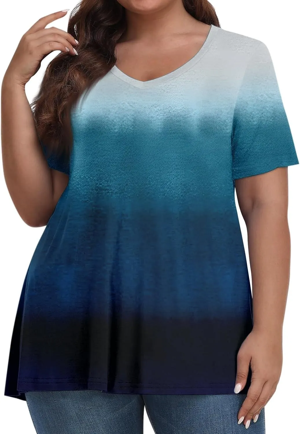 Womens Plus Size Tops Summer Short Sleeve Tunic Shirts Dressy Casual Loose V-Neck Cute Print Blouses