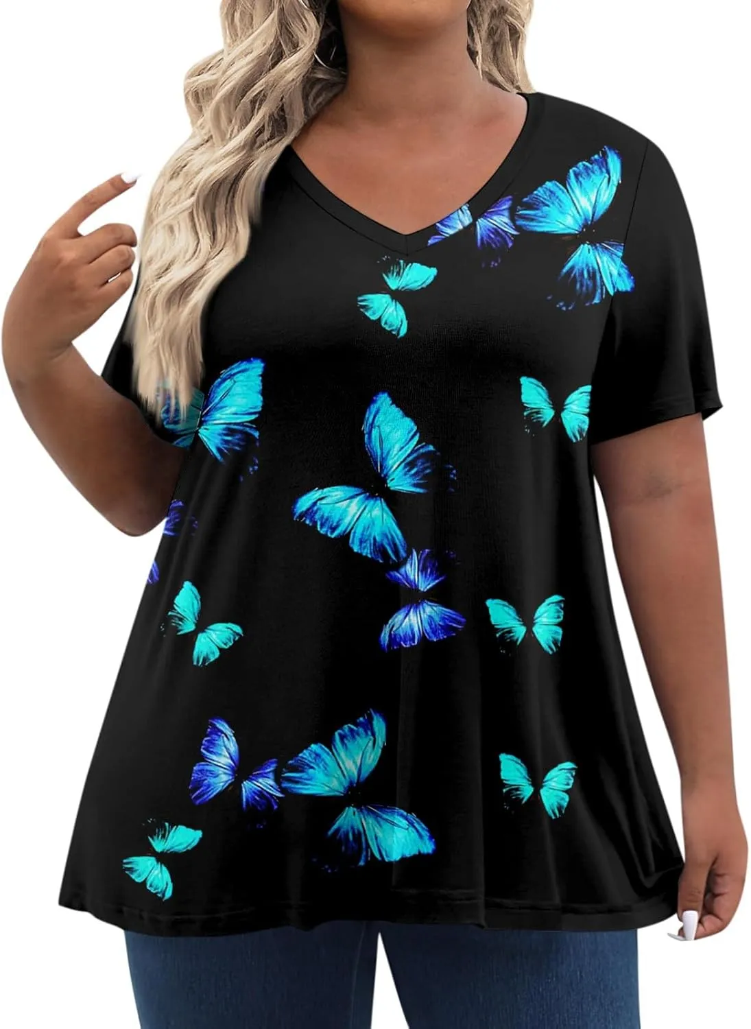Womens Plus Size Tops Summer Short Sleeve Tunic Shirts Dressy Casual Loose V-Neck Cute Print Blouses