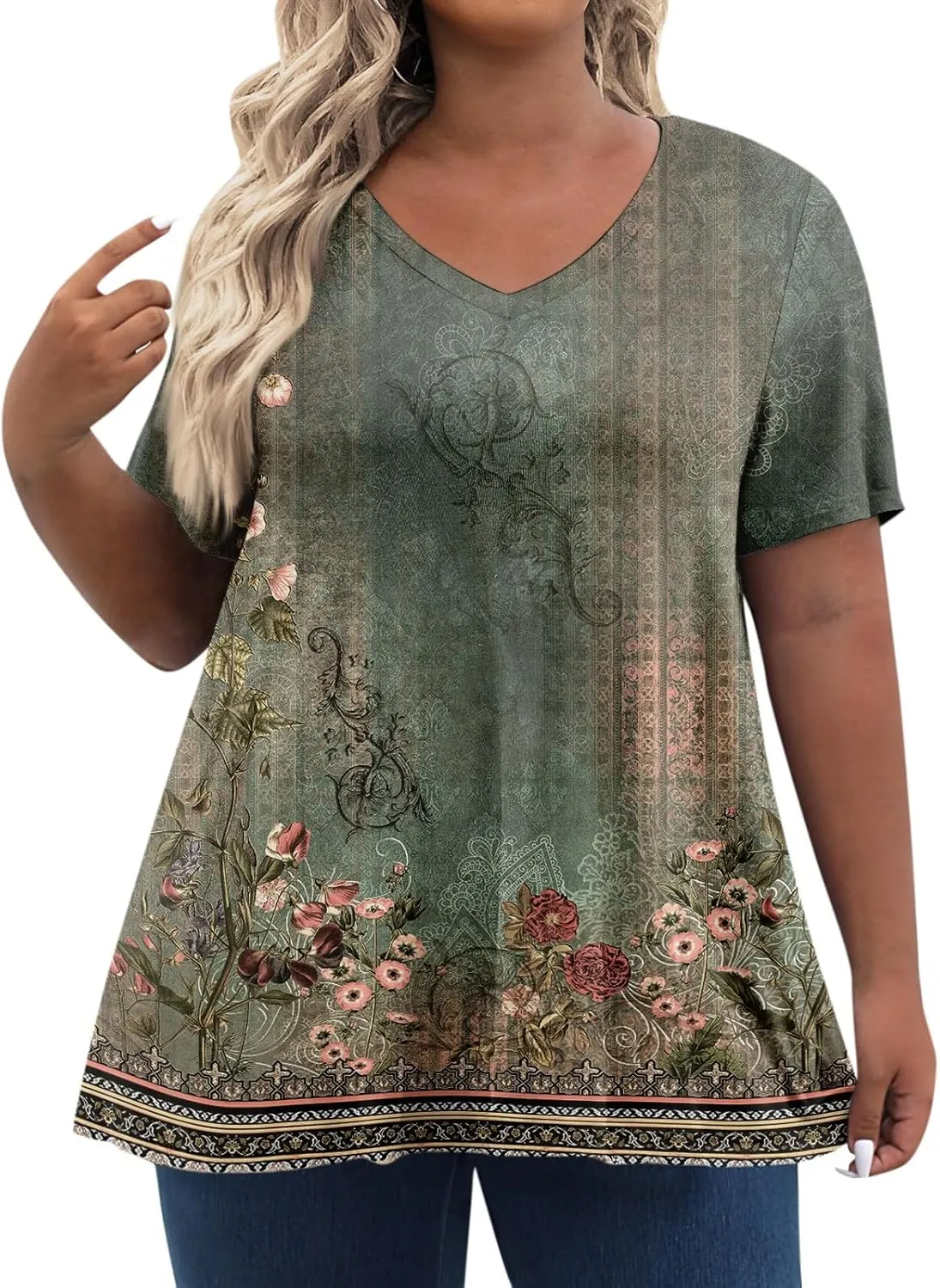 Womens Plus Size Tops Summer Short Sleeve Tunic Shirts Dressy Casual Loose V-Neck Cute Print Blouses