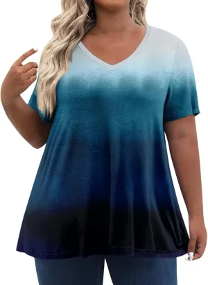 Womens Plus Size Tops Summer Short Sleeve Tunic Shirts Dressy Casual Loose V-Neck Cute Print Blouses