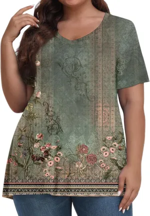 Womens Plus Size Tops Summer Short Sleeve Tunic Shirts Dressy Casual Loose V-Neck Cute Print Blouses