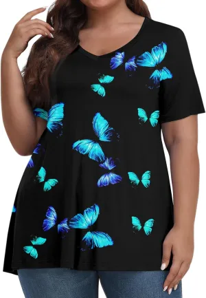Womens Plus Size Tops Summer Short Sleeve Tunic Shirts Dressy Casual Loose V-Neck Cute Print Blouses