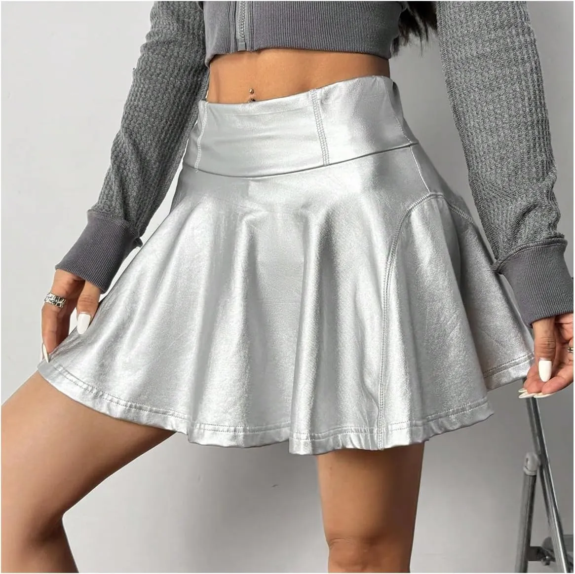Women's PU Leather Mini Skirts High Elastic Waisted Ruffle Trim A Line Skorts with Built in Shorts