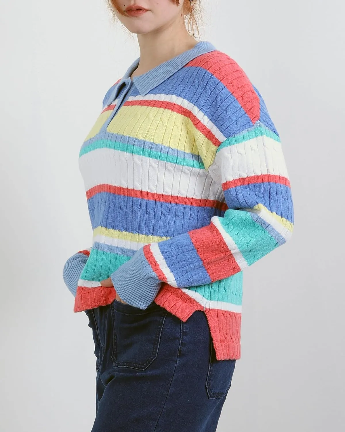 Women's Rainbow Striped Sweater Cable Knit Long Sleeve Collared V Neck Pullover Button Sweater Tops