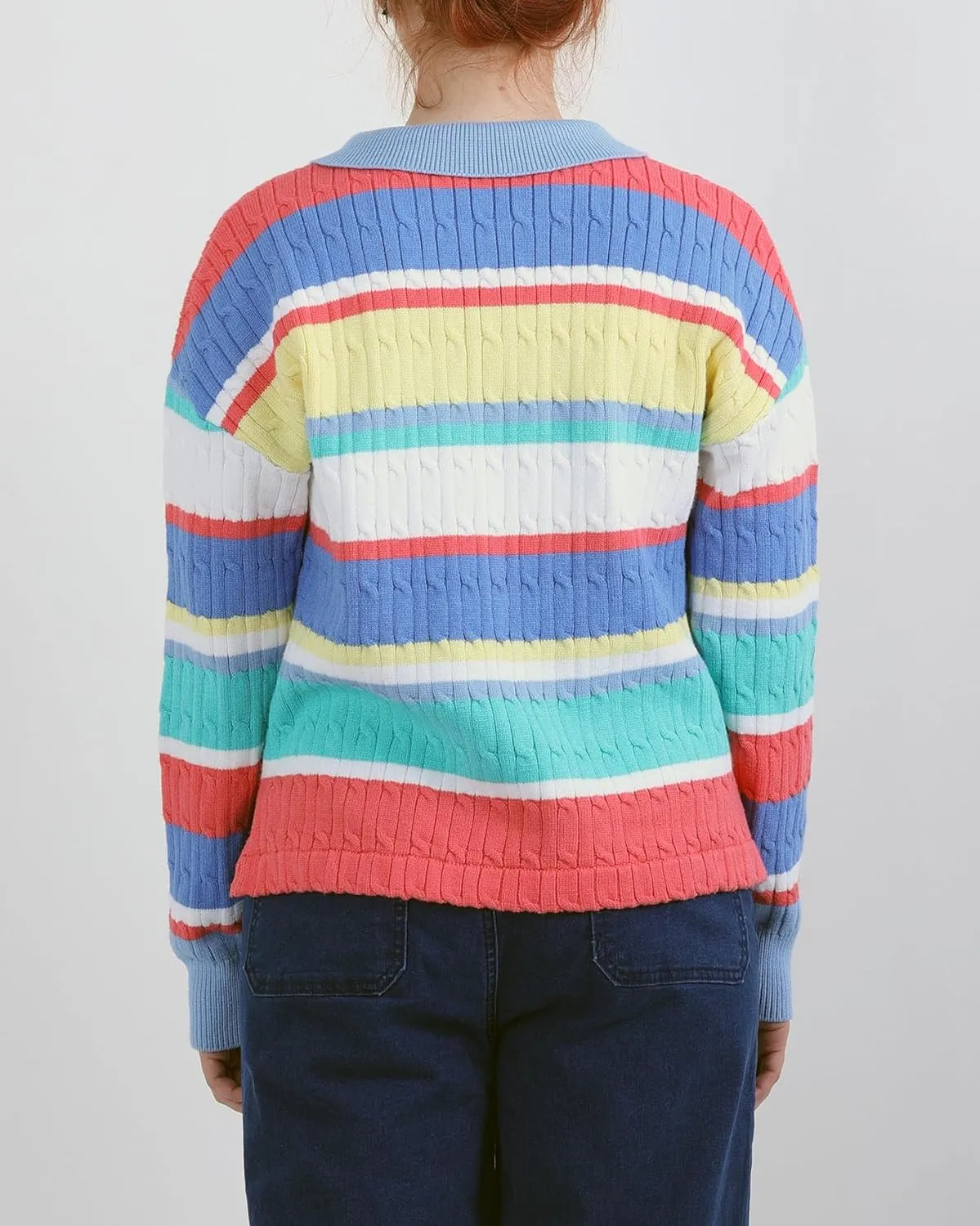 Women's Rainbow Striped Sweater Cable Knit Long Sleeve Collared V Neck Pullover Button Sweater Tops