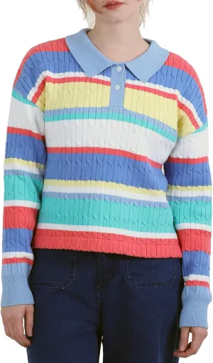 Women's Rainbow Striped Sweater Cable Knit Long Sleeve Collared V Neck Pullover Button Sweater Tops