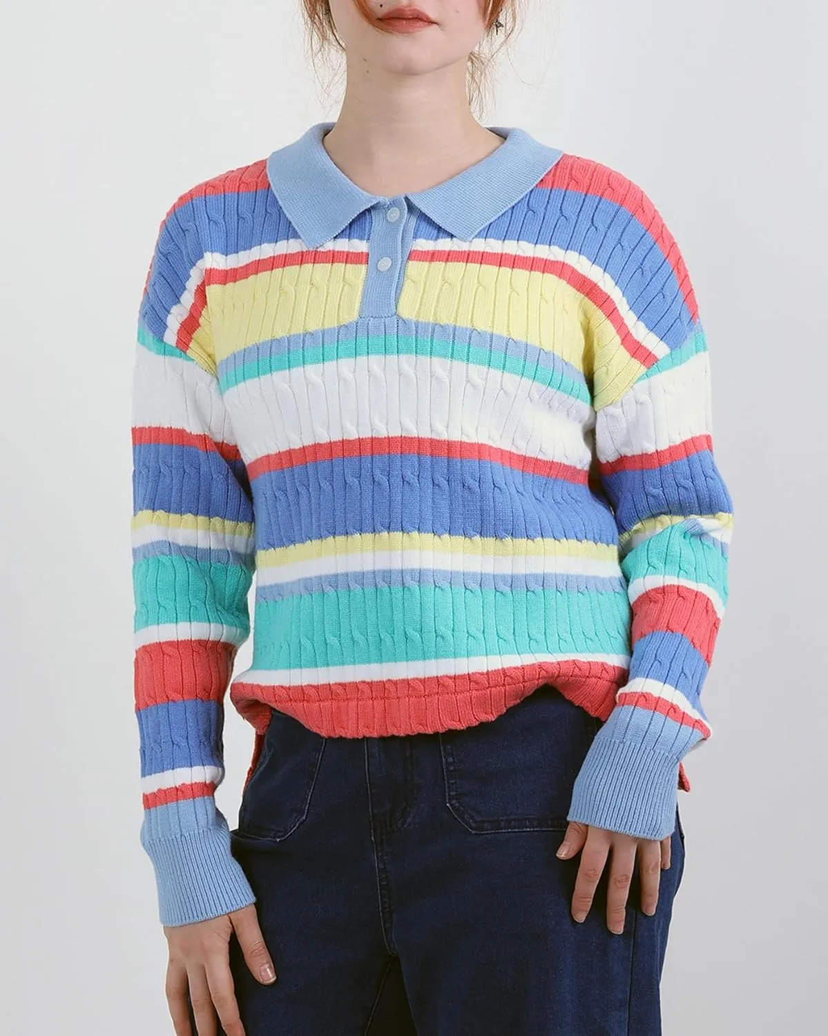 Women's Rainbow Striped Sweater Cable Knit Long Sleeve Collared V Neck Pullover Button Sweater Tops