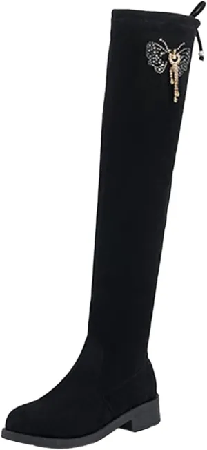 Womens Rhinestone Stretch Solid Color Round Toe Zipper Fashion Middle Heel Chunky Heel Over The Knee Boots Glitter Knee Boots (Black, 6)