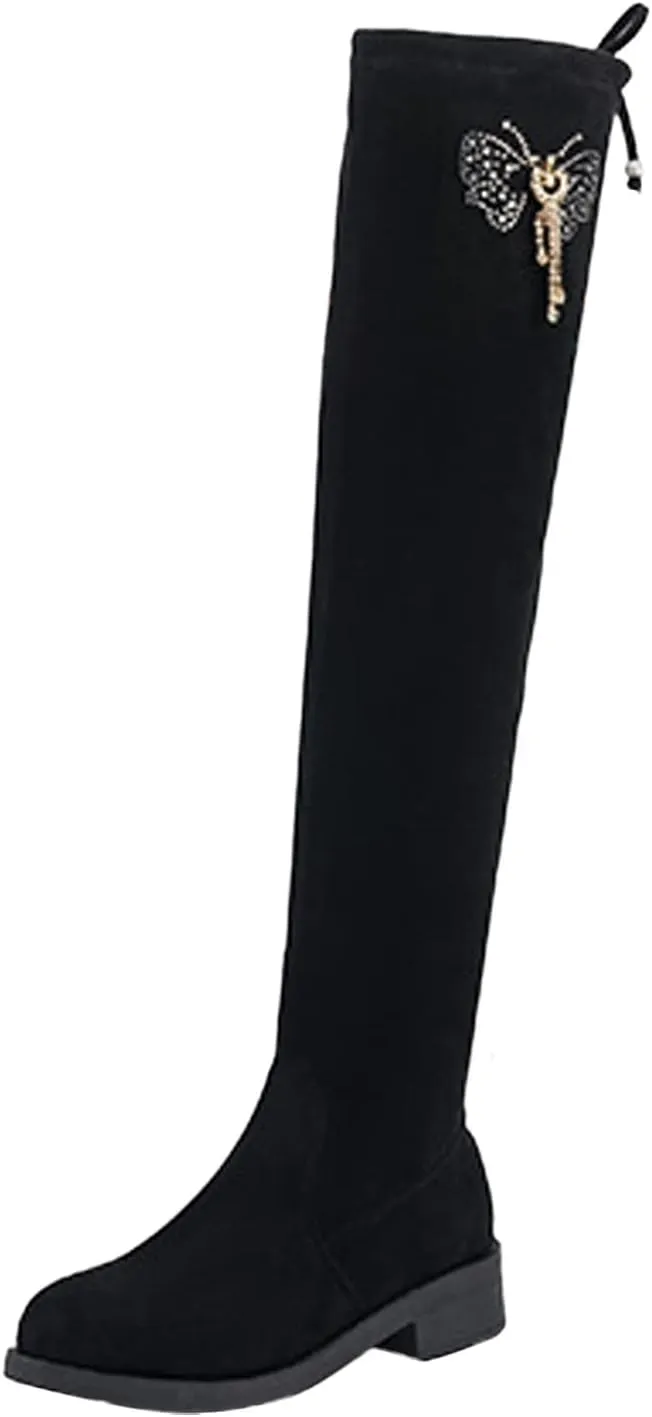 Womens Rhinestone Stretch Solid Color Round Toe Zipper Fashion Middle Heel Chunky Heel Over The Knee Boots Glitter Knee Boots (Black, 6)