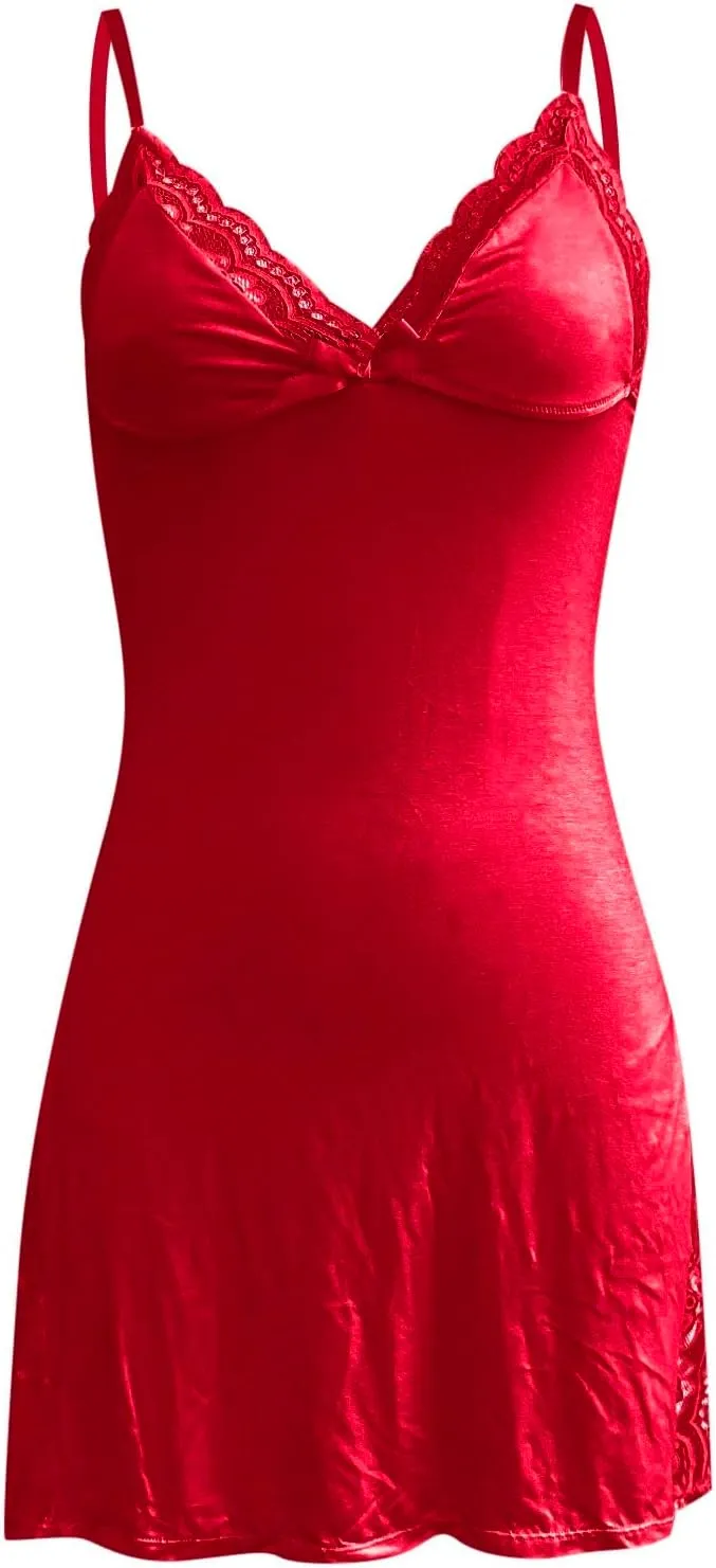 Women's Sexy Lingerie Set Lace Babydoll Chemise Nightie Tie-Front Backless Slip Dress Adjustable Nightwear