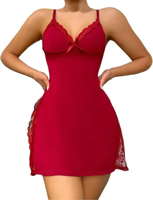 Women's Sexy Lingerie Set Lace Babydoll Chemise Nightie Tie-Front Backless Slip Dress Adjustable Nightwear