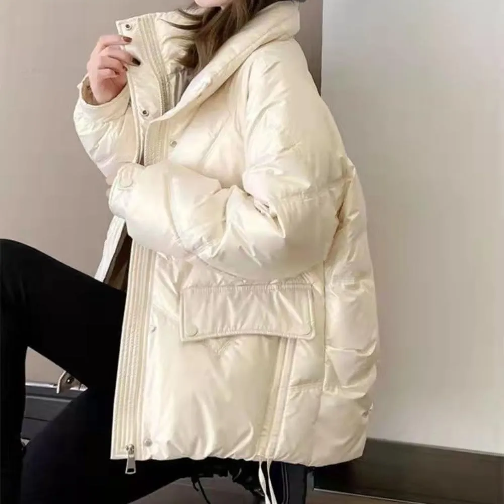 Women's Shiny Coat Solid Long Sleeve Zipper Puffer Jacket Winter Quilted Short Down Warm Coat with Pockets