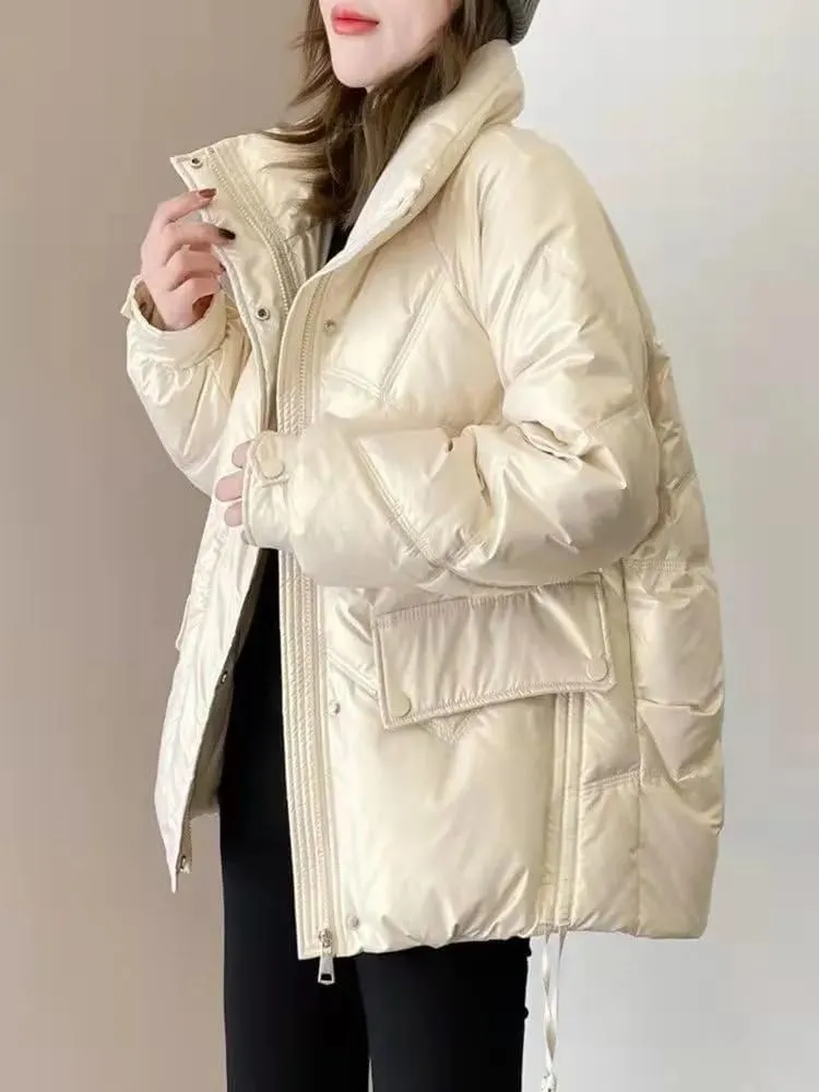 Women's Shiny Coat Solid Long Sleeve Zipper Puffer Jacket Winter Quilted Short Down Warm Coat with Pockets