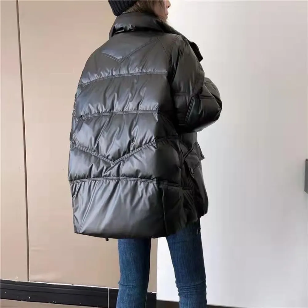 Women's Shiny Coat Solid Long Sleeve Zipper Puffer Jacket Winter Quilted Short Down Warm Coat with Pockets