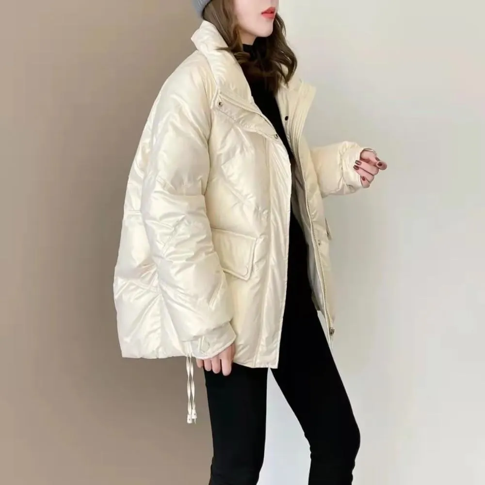 Women's Shiny Coat Solid Long Sleeve Zipper Puffer Jacket Winter Quilted Short Down Warm Coat with Pockets
