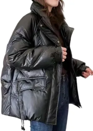 Women's Shiny Coat Solid Long Sleeve Zipper Puffer Jacket Winter Quilted Short Down Warm Coat with Pockets