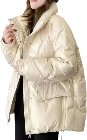 Women's Shiny Coat Solid Long Sleeve Zipper Puffer Jacket Winter Quilted Short Down Warm Coat with Pockets
