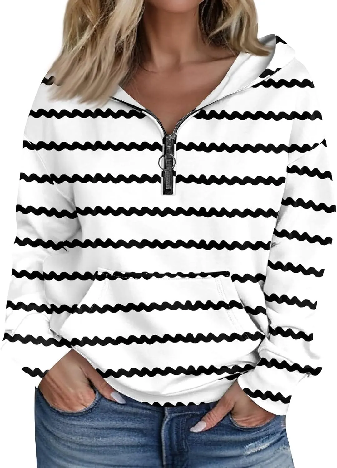 Womens Shirts Casual Quarter Zip Hoodie Pullover Striped Sweaters Trendy Long Sleeve Knitted Sweatshirt Casual Sweater Tops