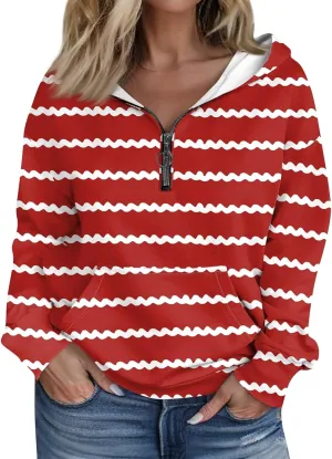 Womens Shirts Casual Quarter Zip Hoodie Pullover Striped Sweaters Trendy Long Sleeve Knitted Sweatshirt Casual Sweater Tops