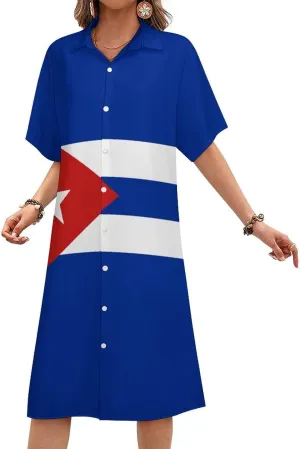 Women's Short Sleeve Collared Simple Button Down Shirt Dress 2025 Summer British Flag Long Dresses