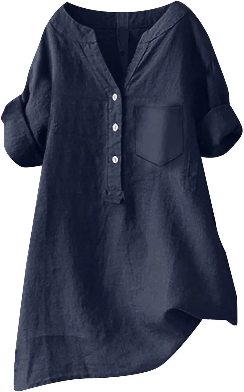 Women's Short Sleeve Cotton Linen Shirt Casual Crew Neck Beach T-Shirt Button Up Loose Fit Summer Tshirts