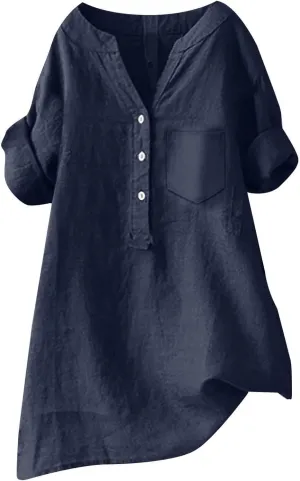Women's Short Sleeve Cotton Linen Shirt Casual Crew Neck Beach T-Shirt Button Up Loose Fit Summer Tshirts